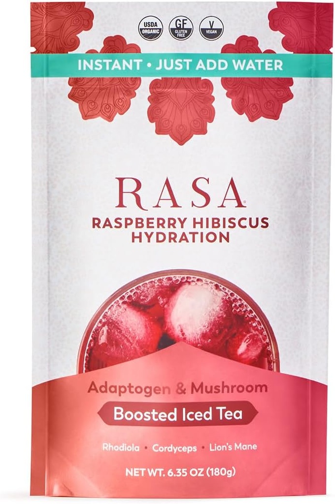Rasa Himbeer Hibiscus Hydration | Organic Boosted Iced Tee mit Adaptogenen und Pilzen | Glutenfrei, Premium-Elektrolyt-Pulver-Mischung, Erfrischende Hydration (6 oz / 24 Portionen)