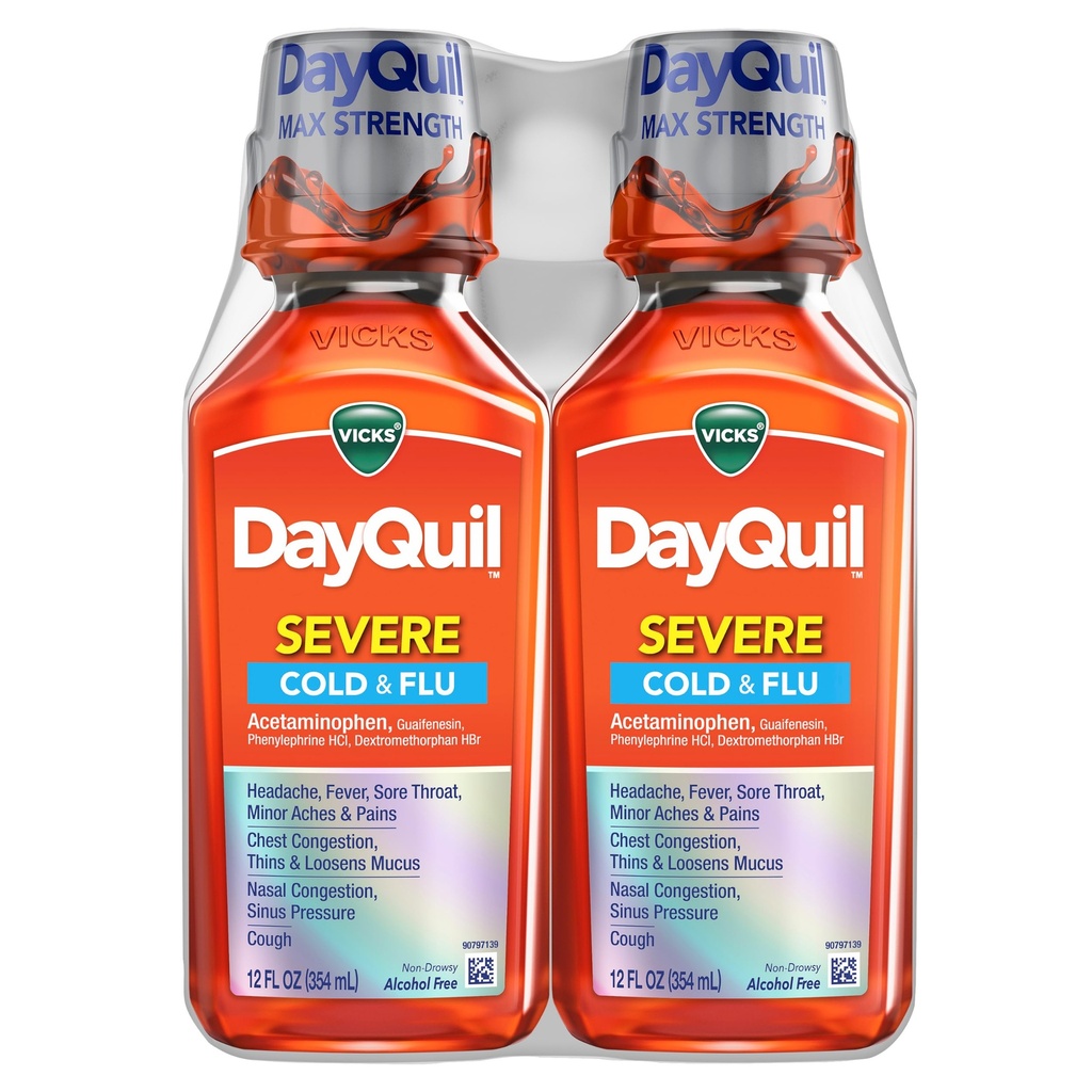 Vicks DayQuil Severe Cold & Flu Liquid Medicine, Rilievo diurno per la mal di testa, la febbre, la gola del dolore, i dolori minori e i dolori, la congestione del petto, il naso ripieno, la congestione nasale, la pressione del seno, & Cough, 2x12oz