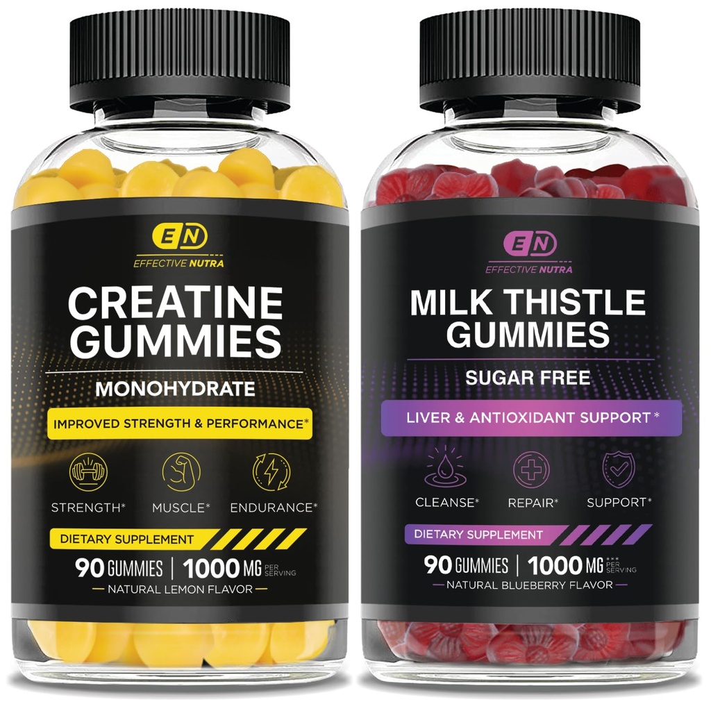 EFFECTIVE NUTRA Kreatin Monohydrat Gummi 90ct & Zucker Freie Milchdistel Gummi 90ct