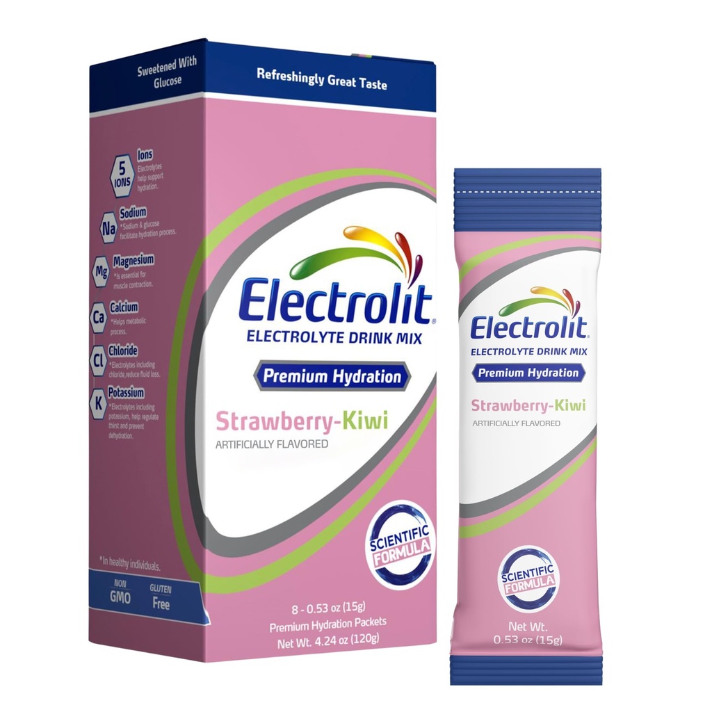 Electrolit Electrolytes Powder Packets, Fragola Kiwi 8 Pack, Pacchetti di idratazione in polvere per disidratazione e riidratazione, Miscela di bevanda aromatizzata post allenamento, Bastoncini di potenziamento dell'acqua senza glutine