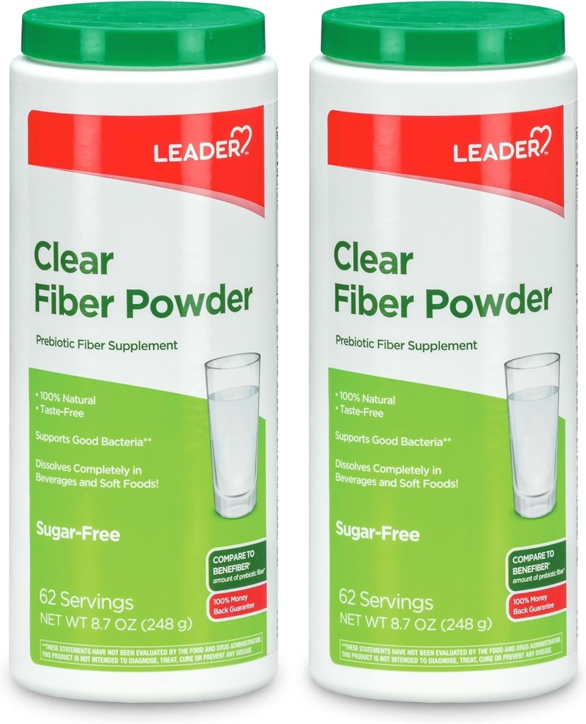 Leader Prebiotic Fiber Supplement Powder for Digestive Health, 100% Natural Daily Fiber Powder, Sugar-Free, Taste-Free, Gluten Free, Non-GMO, Unflavored, 62 Servings (8.7 OZ) (Pack of 2)