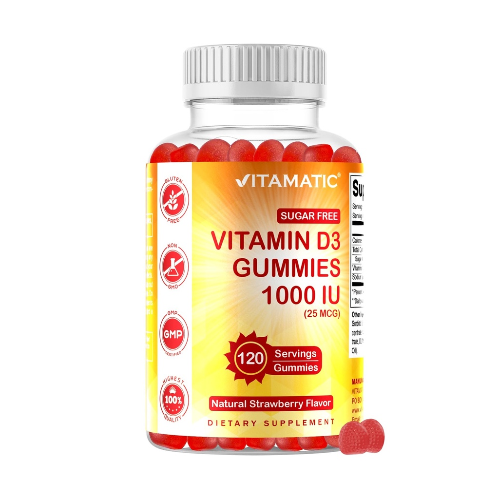 Vitamatic Sugar Free Vitamin D3-120 Pectin Based Gummies - Großer Geschmack - Gesunde Knochen, Mood & Immunsystem Funktion - Non-GMO - 120 Servierungen (1000 IU)