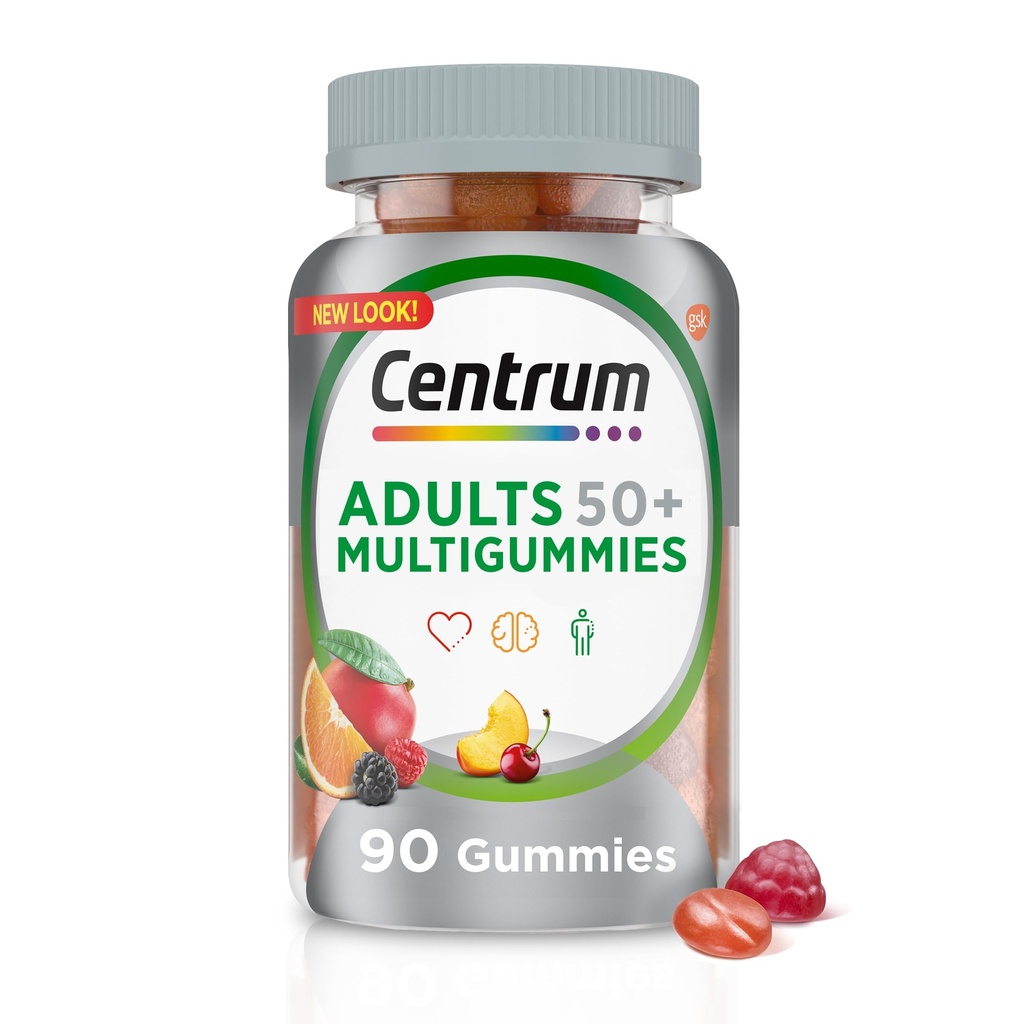 Centrum MultiGummies Gummy Multivitamin per adulti 50 Plus, Multivitamin/Multimineral Supplemento con Calcio, Zinco e Vitamine B e D, Frutta assortita Flavor - 90 Conte