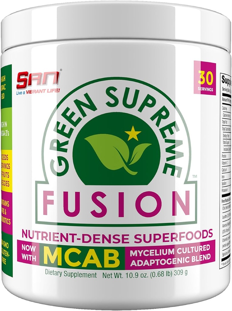 SAN NutritionS Green Supreme Fusion Mix Antioxydant: Super Greens Smoothie Mix avec Spiruline, Chlorella, Champignons Adaptogènes, 30 Servants
