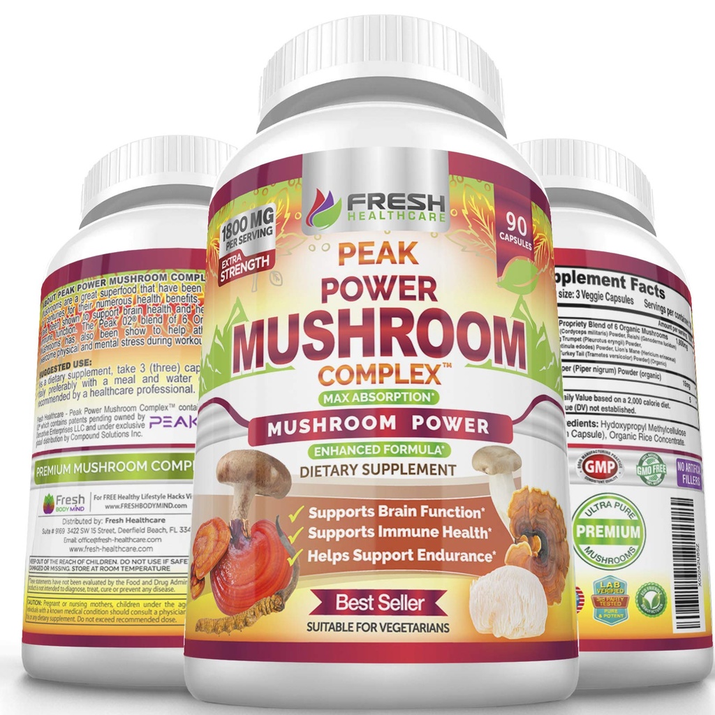 FRESH HEALTHCARE Mushroom Supplement - Lions Mane, Cordyceps, Reishi, Turkey Tail, and Shitake - Immun- und Gehirnunterstützung - Peak Power Mushroom Supplement - 90 Vegan Kapseln