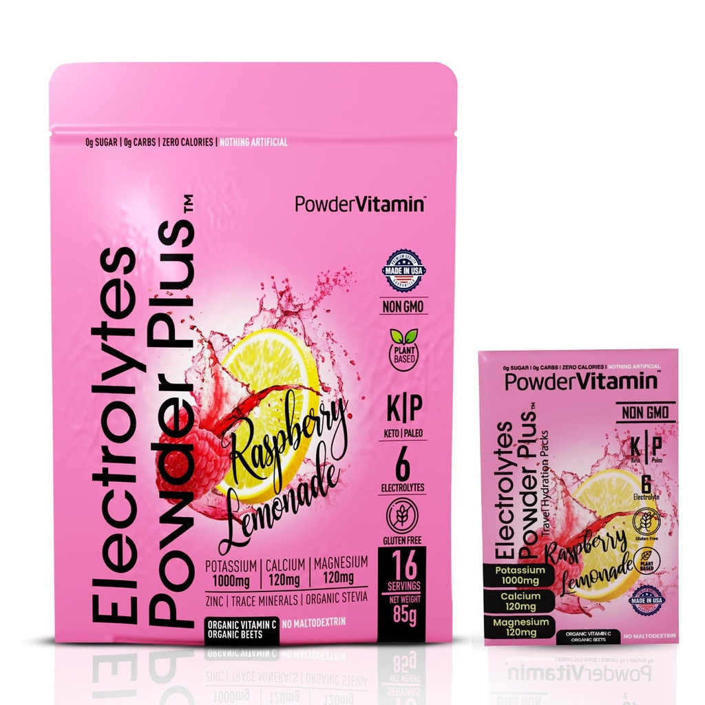 PowderVitamin Elektrolyte Pulver Plus, Keto, Himbeere Limonade, Zuckerfrei, Rosa Himalaya Salz, 1000mg Kalium, 120mg Calcium, 120mg Magnesium, Non-GMO, Zero Calories, (16 Hydration Packets)