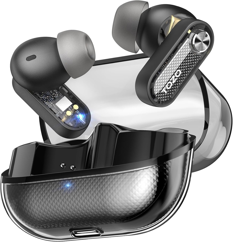 ToZO Crystal Pods Hybrid Rumore attivo cancellando earbud wireless, 10mm Drivers Deep Bass Stereo Sound, 4 Mics Smart ENC AI Calls, 32 EQ via App, Bluetooth 5.4 Cuffie, Crystal Case Design