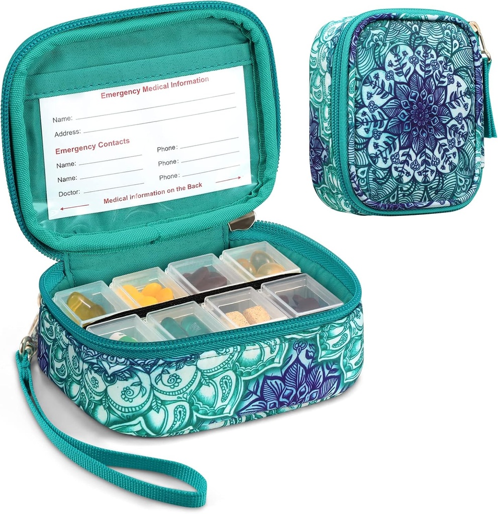 FINPAC Pill Organizers, 8 scomparti Travel Pill Case for Weekly 7 Days Medicine Care, Compact & Cute Medicine Vitamin Dispenser and Holders (Illusioni smeraldo)