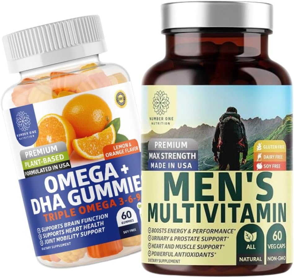 Nutrizione Uno Nutrizione N1N Premium Men's Daily Multivitamin [Vitamins A C E D, Magnesio, Zinc] e Omega 3 6 9 + DHA Gummies [Vegan, Plant-Based], 2 Pack Bundle
