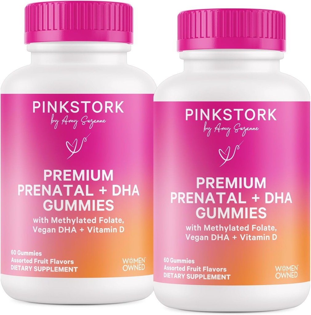 Rosa Stork Premium Prenatal Gummy Vitamine con DHA, Folate e Vitamina D - 60 Vegan Gummies - 2 Pack