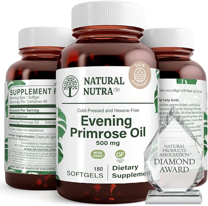 Natürliche Nutra Abend Primrose Öl Ergänzung von Fettsäure, hilft Überwindung Körper Schmerzen, Nerve Gesundheit, Förderung Herz Gesundheit & Haut Clarity, Hilft reduzieren Verdauungsstörung, 500 mg, 180 Softgel