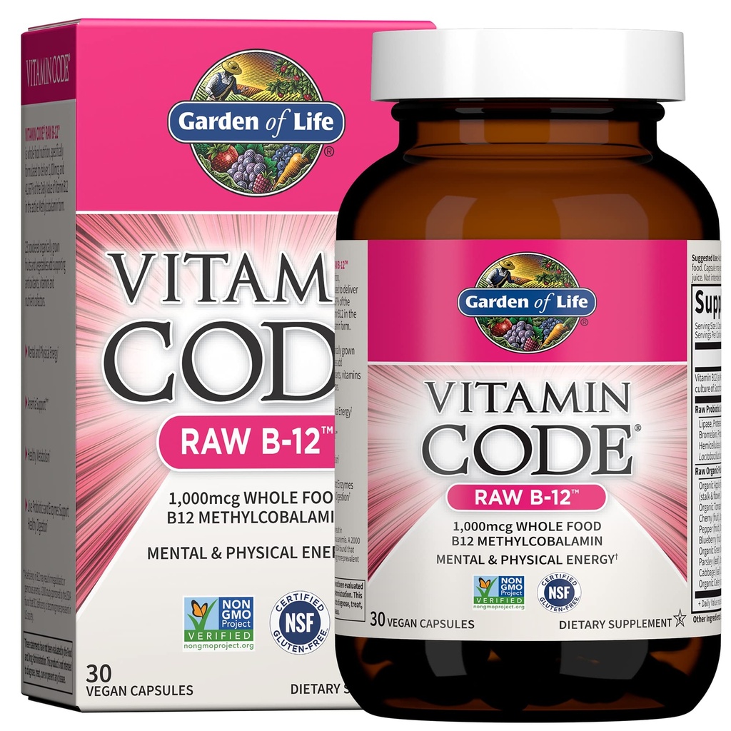 Garden of Life Code Vitamine Raw B-12-30 Capsules, 1000mcg Aliments entiers B12 méthylcobalamine pour l'énergie, végétalien méthylcobalamine vitamine plus probiotiques et enzymes, suppléments sans gluten