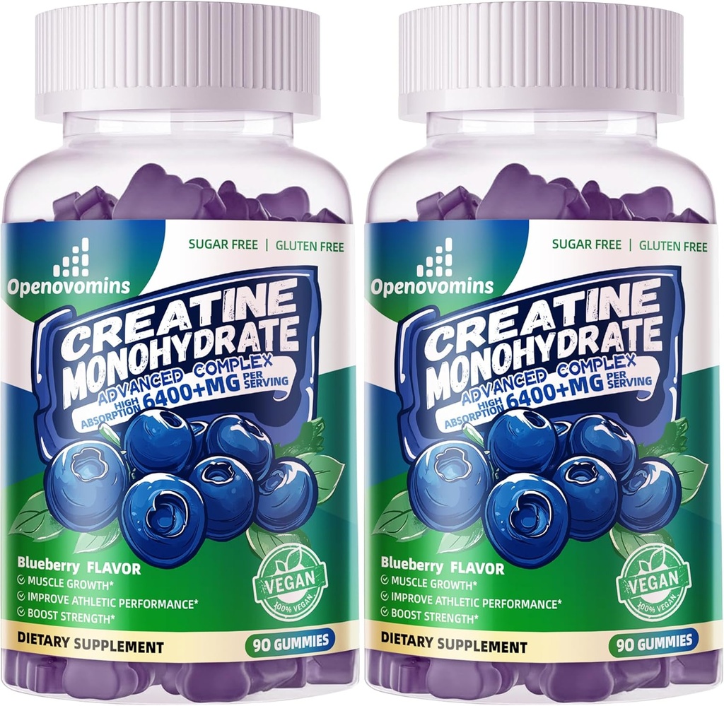 Creatine Monohydrate Gummies Complex for Men & Women -Advanced Formula W/L-Taurine + Vitamin B12, Sugar Free Chewable Supplement,180 Blueberry Gummies 2pack