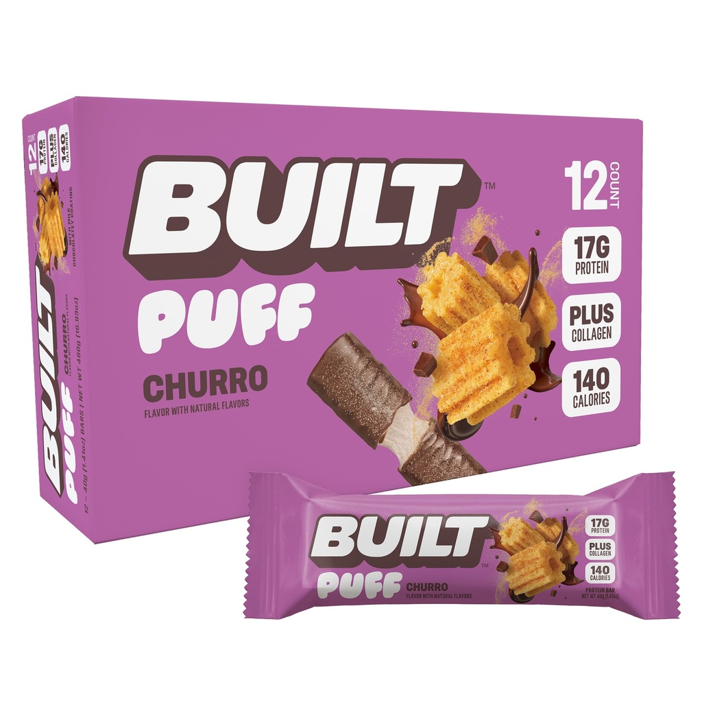 Barre construite, barres protéinées de puff, puff de churro, 17g de collations protéinées, barres en marche, seulement 140 calories et 6g de sucre, collagène, sans gluten, 12 nombre