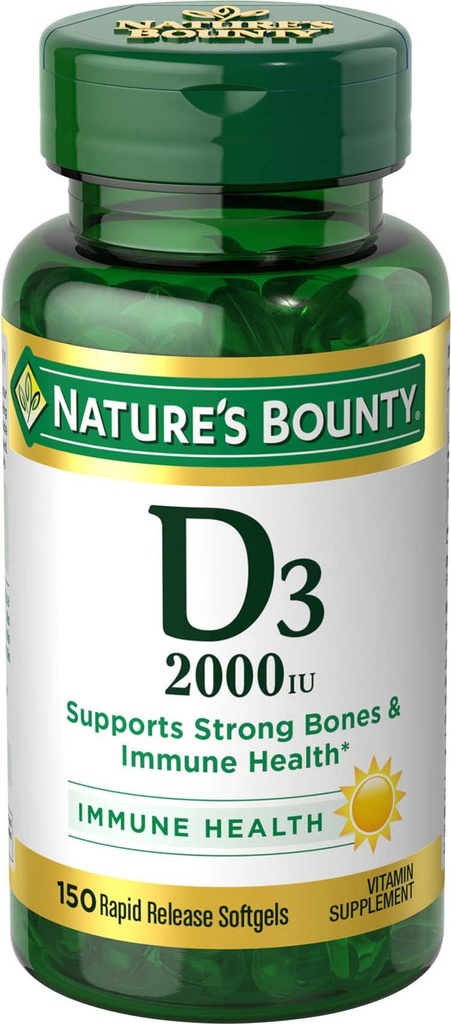 Nature's Bounty Vitamin D, Supports Immune Health & Bone Health, 2000IU Vitamin D3, 150 Softgels