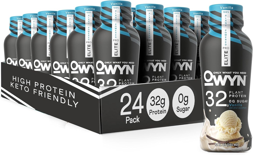 OWYN seulement ce dont vous avez besoin Pro Elite Vegan haute protéine Keto Shake, 32g de protéines, 9 acides aminés, Oméga-3, prébiotiques, entraînement et récupération, 0g de glucides nets, zéro sucre (Vanilla, 12 Fl Oz) (paquet de 24)