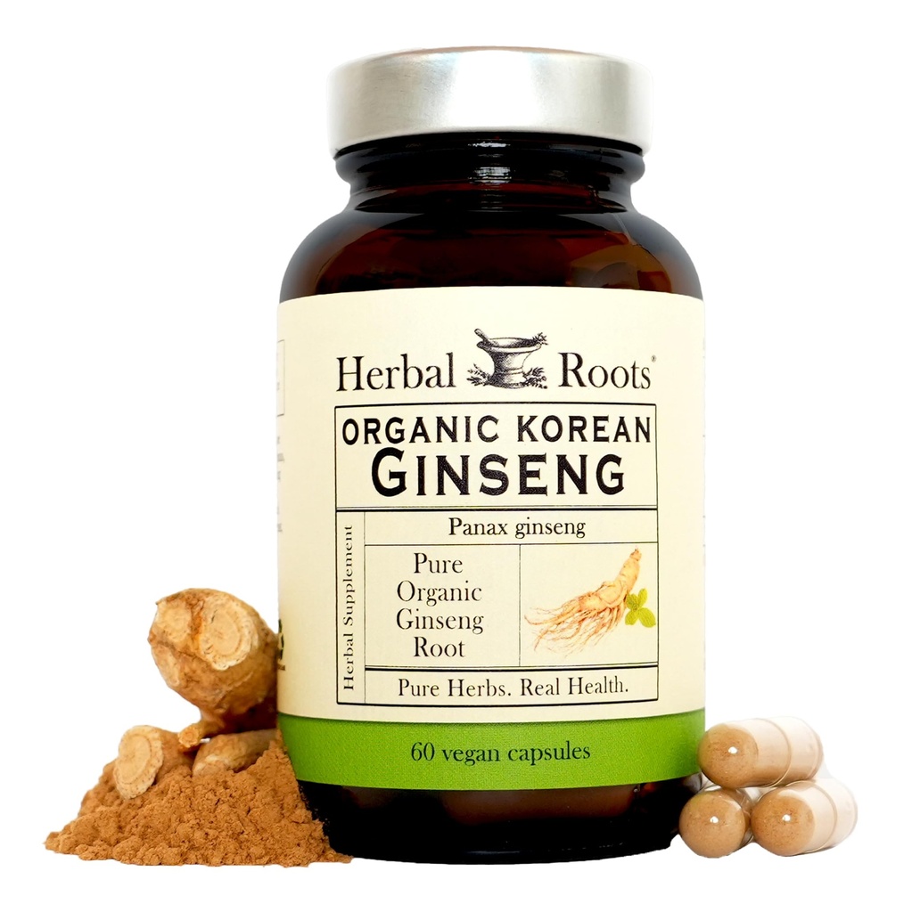 Kräuterwurzeln Panax Ginseng | Organic Korean Ginseng Root Powder | 1000mg | High Ginsenosides for Energy & Performance | 60 Vegan Capsules