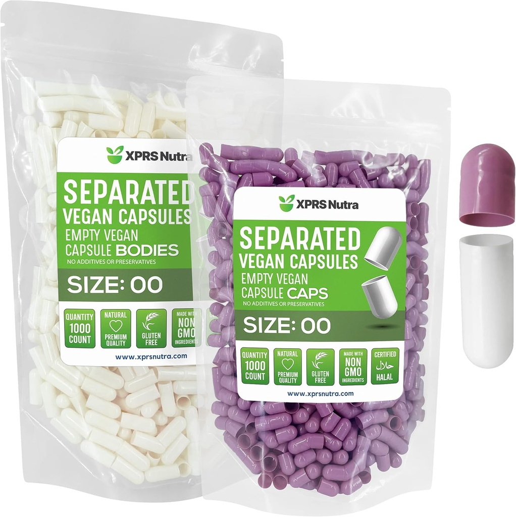 XPRS Nutra Vegan Größe 00 Getrennte Kapseln - 1000 Count Premium Leere Kapseln Getrennt in Taschen - 00 Pillen Leer für DIY Ergänzung Füllung (Lavender/White)