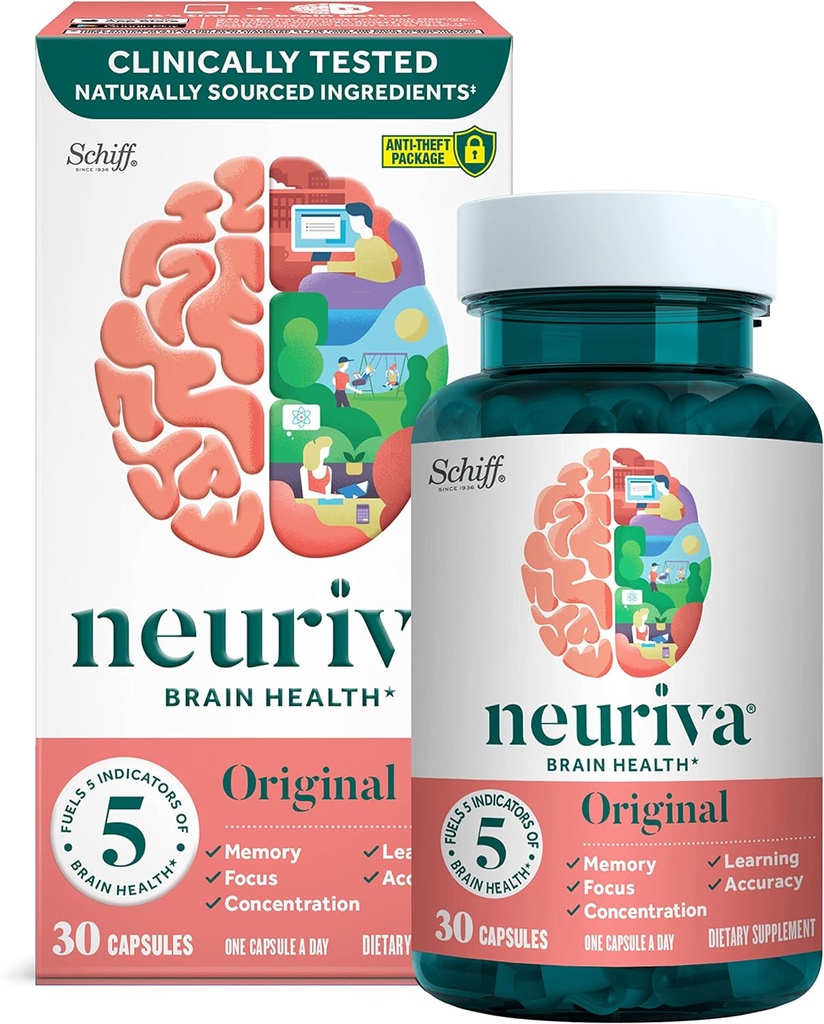 NEURIVA Original Brain Supplemento per Memoria, Focus & Concentration + Learning & Accuratezza con Nootropi clinicamente testati Phosphatidylserine e Neurofactor, Caffeina Free, 30ct Capsule