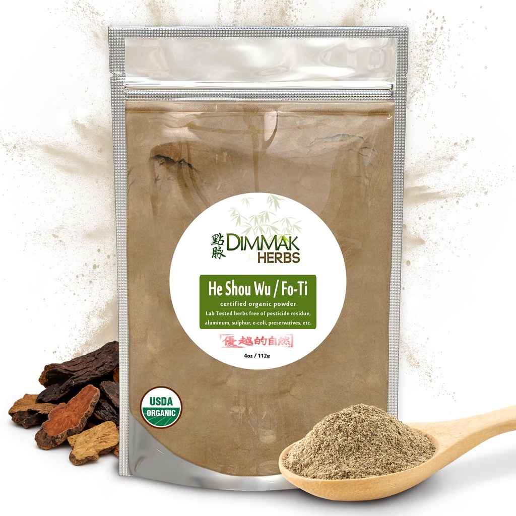 Dimmak Herbs Organic Fo Ti Root Polvere cruda dell'erba cinese - Cure/Prepared USDA Organic He Shou Wu (Polygonum Multiflorum Preperata) Aggiungi all'acqua o Smoothie 1 4oz/112g Bag
