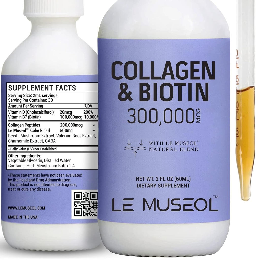 Collagène liquide pour femmes - Biotine liquide et suppléments de collagène gouttes avec Reishi, Camomile et extrait de racine valériane