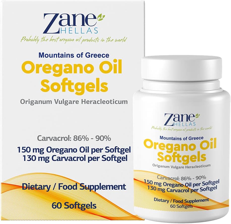 130 mg Carvacrol - 150 mg Oregano Öl pro Softgel. Welt Höchste Konzentration Oregano Öl Kapsel. Zane Hellas Oregano Öl. Softgel enthält 30% Griechisches ätherisches Öl von Oregano. 120 Softgels.