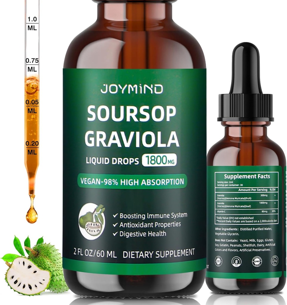 Graviola Soursop Leaf Extract Liquid - Soursop Bitters Liquid, Immune Boost, Relax, Liver and Sleep, Vegan, Sugar & Gluten Free, 98% Absorption Rate, Natural Flavor, 2 mesi di fornitura 60ML