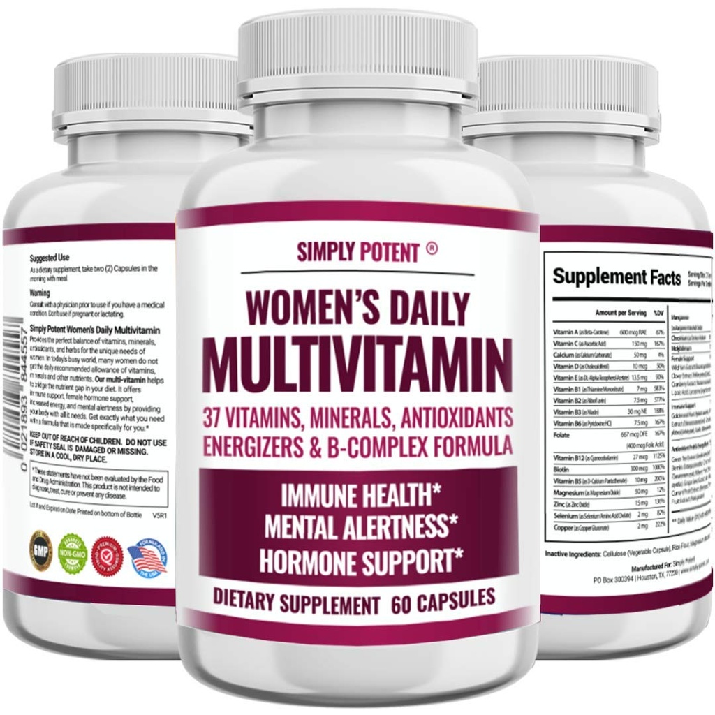 Simply Potent | Women's Multivitamin – 37 Vitamins & Minerals with Biotin, Vitamins A C D E B12, Folate, Zinc, Magnesium, Calcium & Green Tea Extract | Non-GMO, Gluten-Free | 60 Capsules