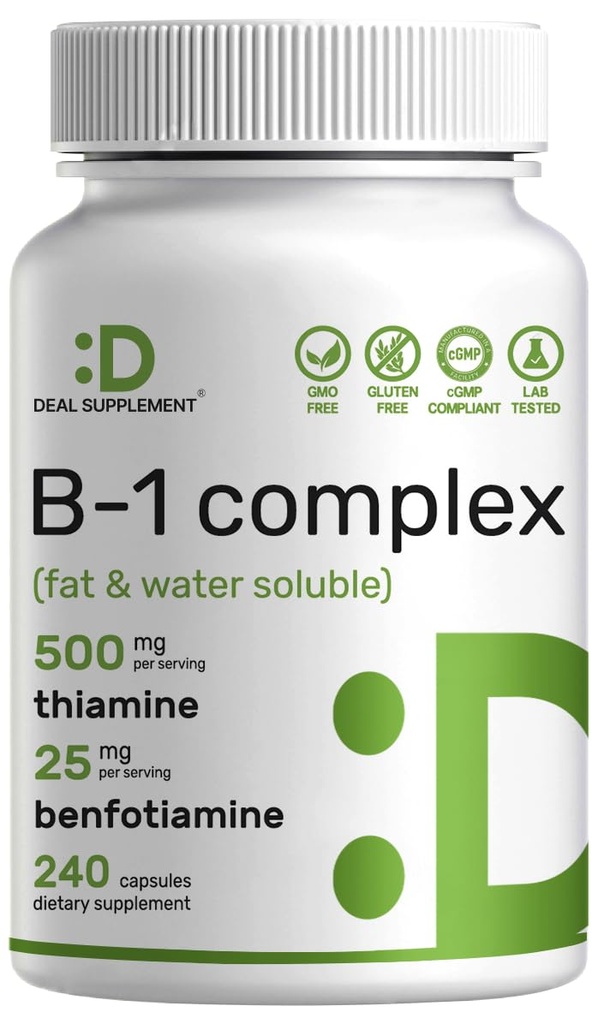 SUPPLÉMENT DE DÉAL Vitamine B1 500mg avec de la benfotiamine, 240 Capsules – 2 en 1 Formule améliorée – Fat & Water Soluble Thiamine Supplément B1 – Tiers testés, non-OGM, sans gluten