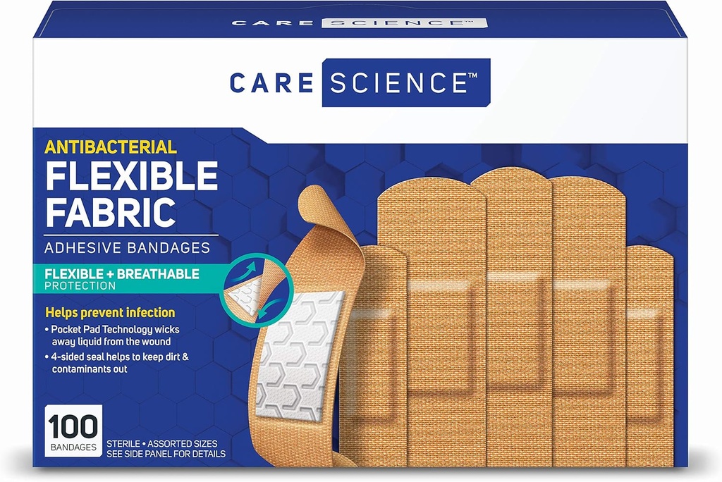 Pflege Wissenschaft Stoff Klebebänder, 100 ct Gesortierte Größen | Flexible + Atmungsaktive Schutz hilft, Infektion für Erste Hilfe und Wund Pflege zu verhindern