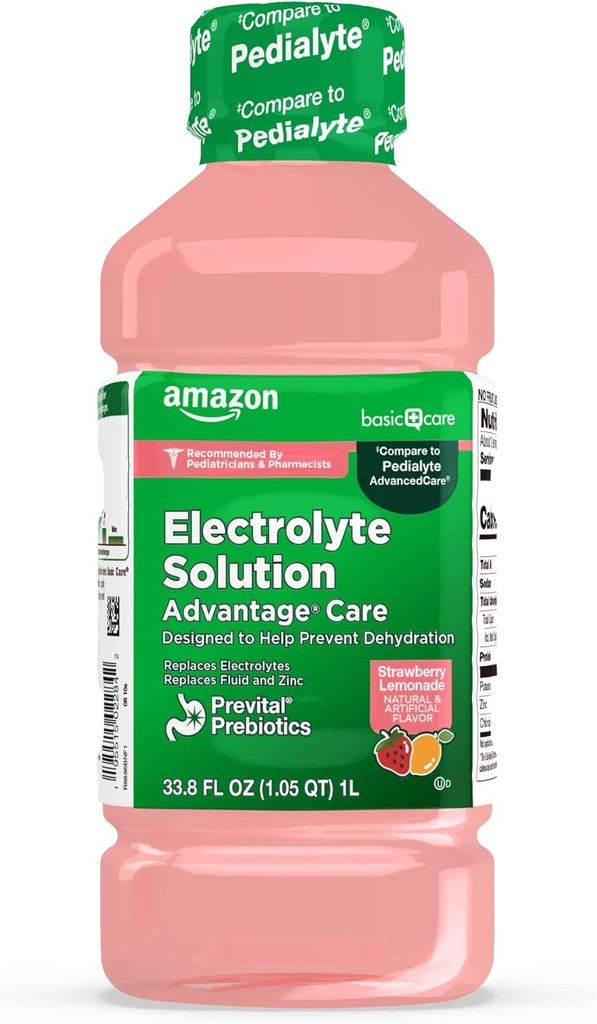 Soluzione elettrolitica di cura di base con prevital prebiotici, limonata di fragole, bevanda di idratazione, elettroliti repleni, fluido e zinco, 33.8 fl oz (pacchetto di 1)