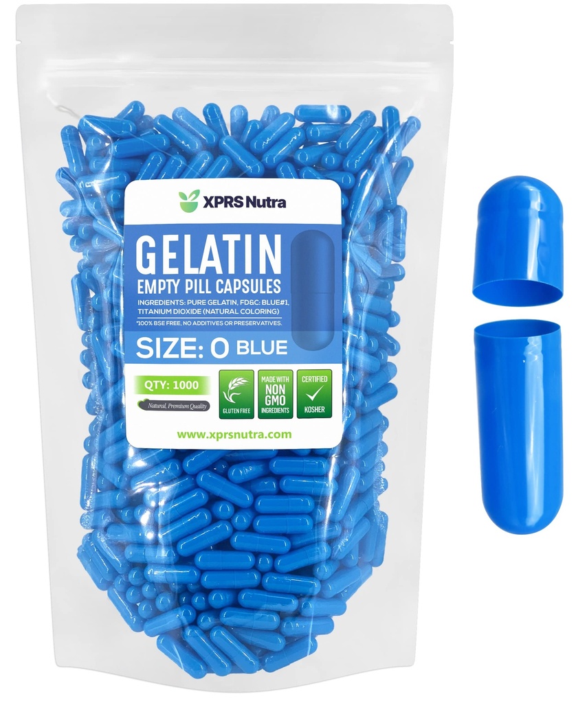 XPRS Nutra Größe 0 Leere Kapseln - Leere Gelatine Kapseln - 1000 Graf DIY Kapsel Füllung - Pure Bovine Pill Gel Kapseln für Do-It-Yourself Ergänzungen (blau)