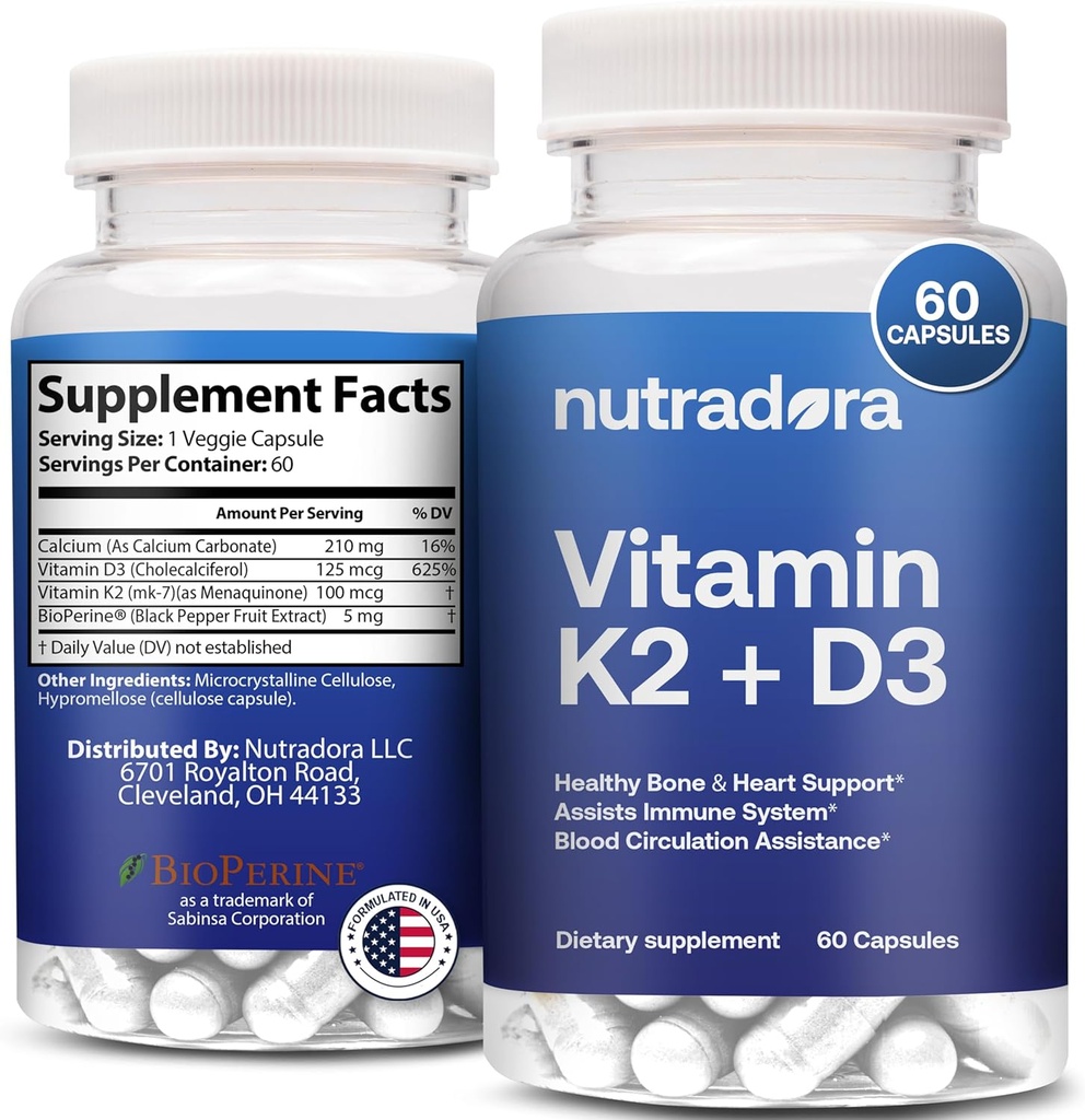 Vitamin D3 K2 Kapseln für Männer und Frauen - K2 D3 Vitamin-Ergänzung für gesunde Herz- und Knochenunterstützung, Immunsystem- und Blutzirkulationshilfe, Formuliert in den USA, 60 Veggie Kapseln
