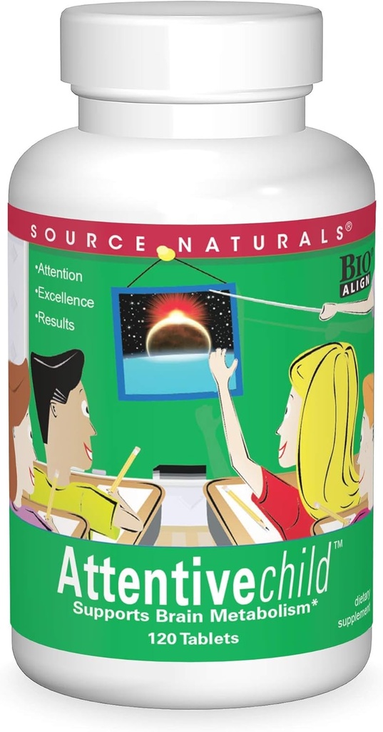 Fonte Naturals Attentive Child - Nutrienti cognitivi sani per i bambini attivi - Migliorata messa a fuoco e attenzione con DMAE, Magnesio, Zinc & Grape Seed Extract - 120 compresse