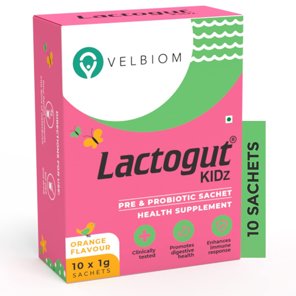 Lactogut Kidz Probiotika Pulver für Kinder leicht zu beschaffen Probiotika für Kinder Gut Gesundheit, Gesamt Wellness und Immunität Vegan Klinisch bewährt - 1Gx10 Beutel (Orange Flavour)