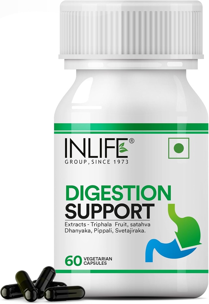 INLIFE Digestion Support Supplement | Triphala, Satahva, Dhanyaka, Pippali, Svetajiraka | für Männer und Frauen - 60 Vegetarische Kapseln