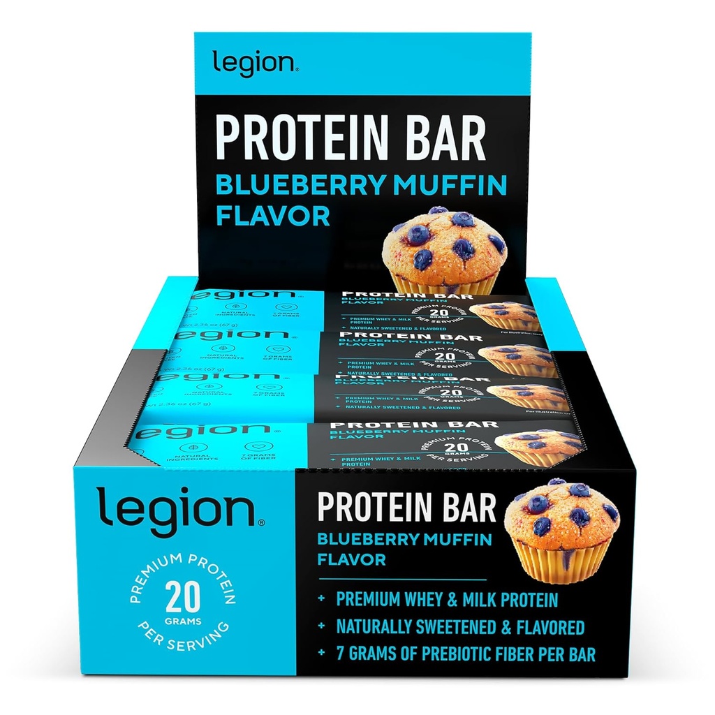 Legion Protein Bar Blueberry Muffin - 100% Whey Protein, Soy Free Protein Bars mit Prebiotic Fiber - Low Fat Healthy Protein Bar - Glutenfrei, Natürlich aromatisiert, Low Sugar Protein Bars (12 Count)