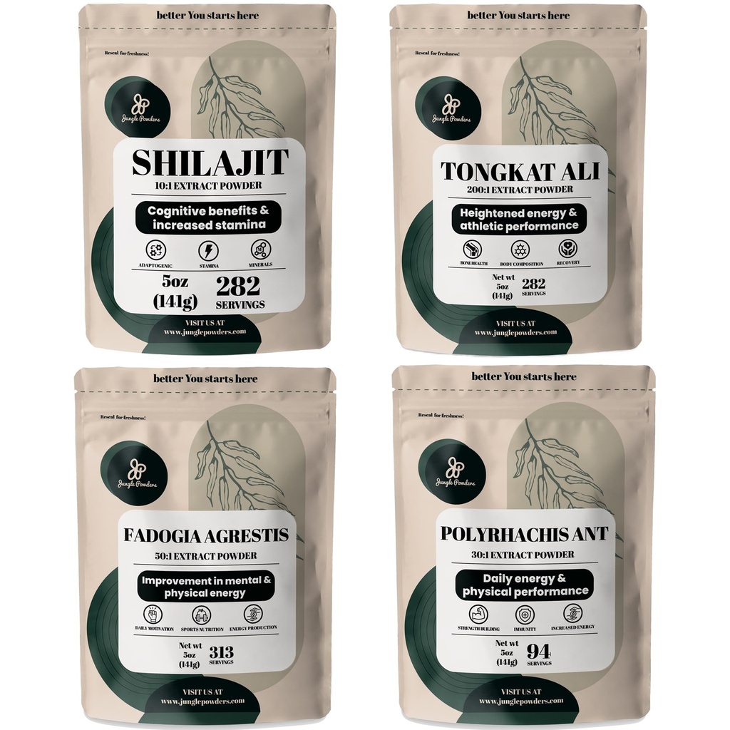 Dschungelpulver Kräuterpulver Bundle - Shilajit Pulver, Tongkat Ali für Männer Pulver, Schwarz Ant Extrakt Pulver, Fadogia Agrestis Extrakt für Männer Supplement