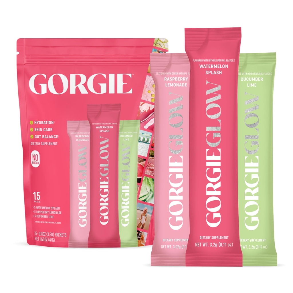 GORGIE Glow Variety Pack 15 Bâtons, Poudre d'électrolyte Mélange de boisson saine, avec l'acide hyaluronique, Aquamin, Vitamine C & D, Probiotiques, Pas de sucre, Antioxydants pour l'hydratation, soins de la peau, et équilibre des intestins