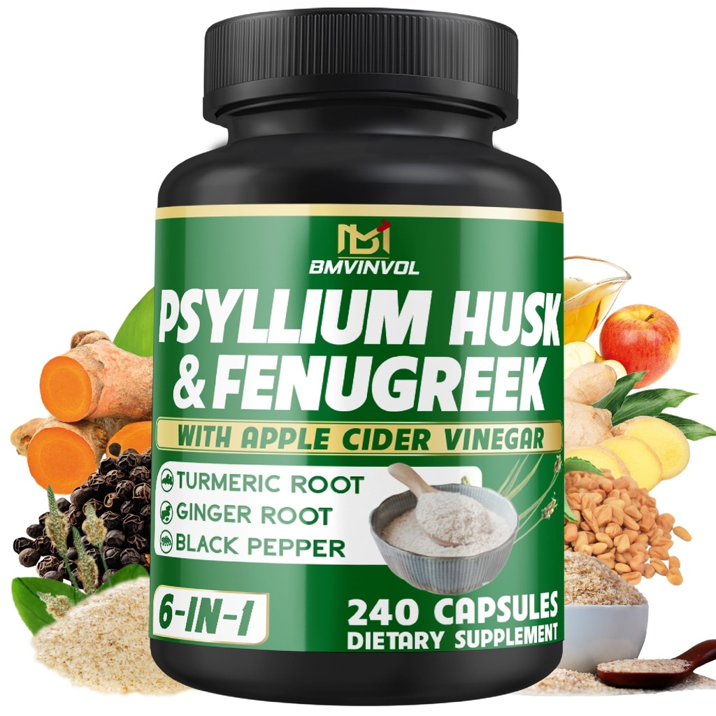 BMVINVOL Psyllium Husk Fiber Supplemento con Fenugreek, Aceto di sidro di mele, Turmerico, Ginger, Black Pepper- Digestion Health Support - 240 capsule