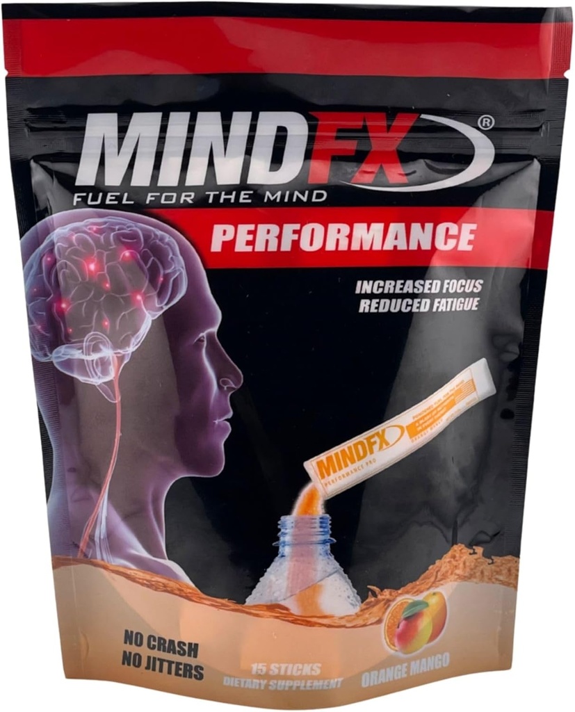 MindFX Energy Powder Drink Mix - 15 bâtons Orange Mango Performance Blend: Nootropics naturels pour l'énergie propre, et le focus amélioré.