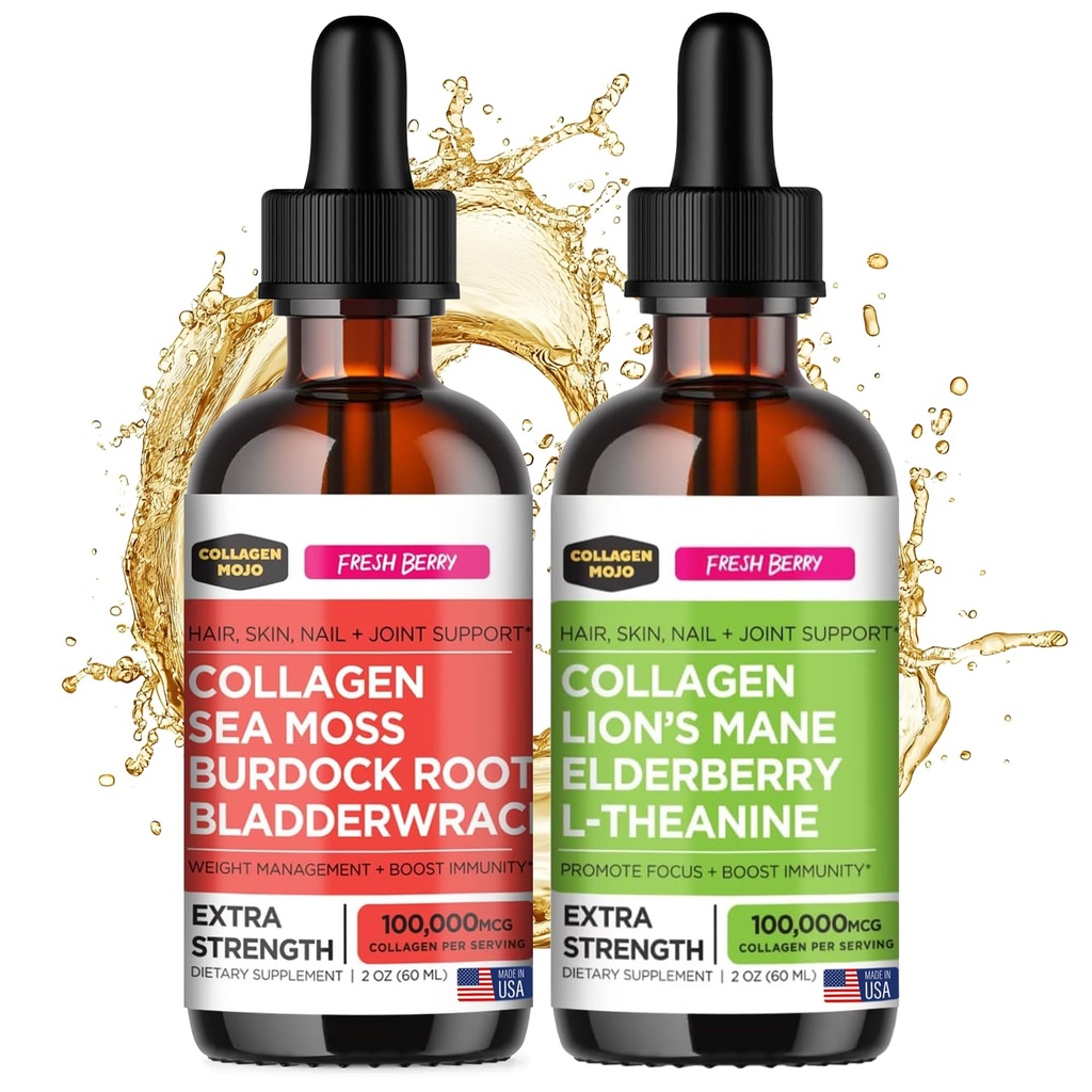 Collagen Mojo Liquid Collagen Peptide mit Sea Moss, Burdock Root & Bladderwrack + Liquid Collagen Peptide mit Lions Mane Mushroom, Elderberry & L-Theanine