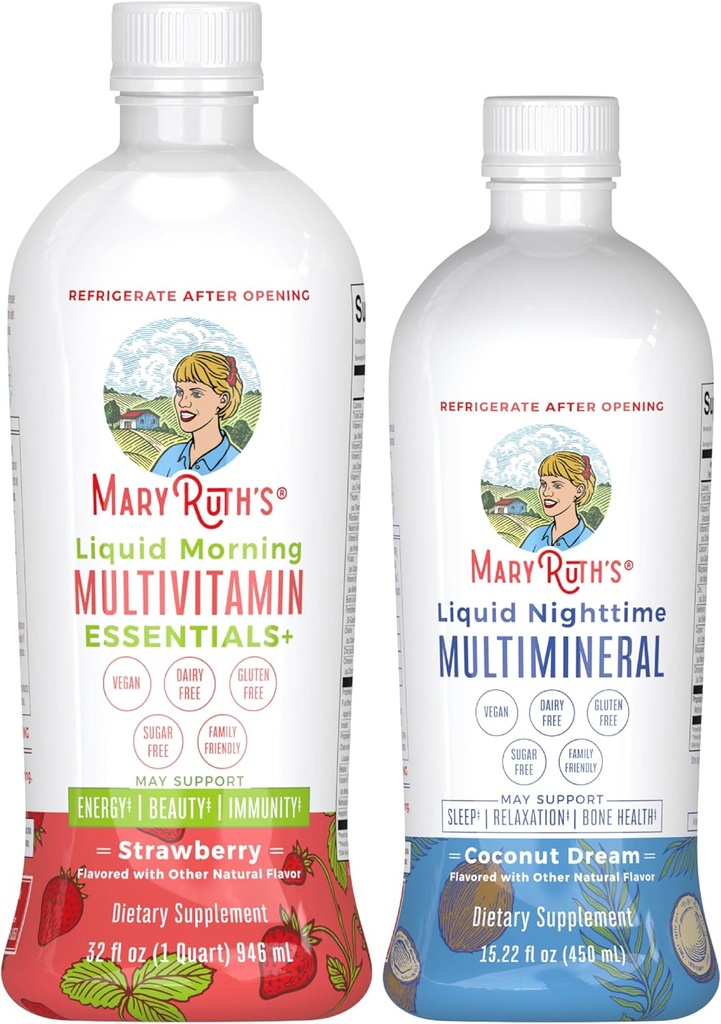 MaryRuth's Liquid Morning Multivitamin (Strawberry) & Liquid Nighttime Multimineral (Coconut, 15oz) | Clean Label Project Verified® | Vegan Vitamins for Energy, Bedtime Routine, & General Health