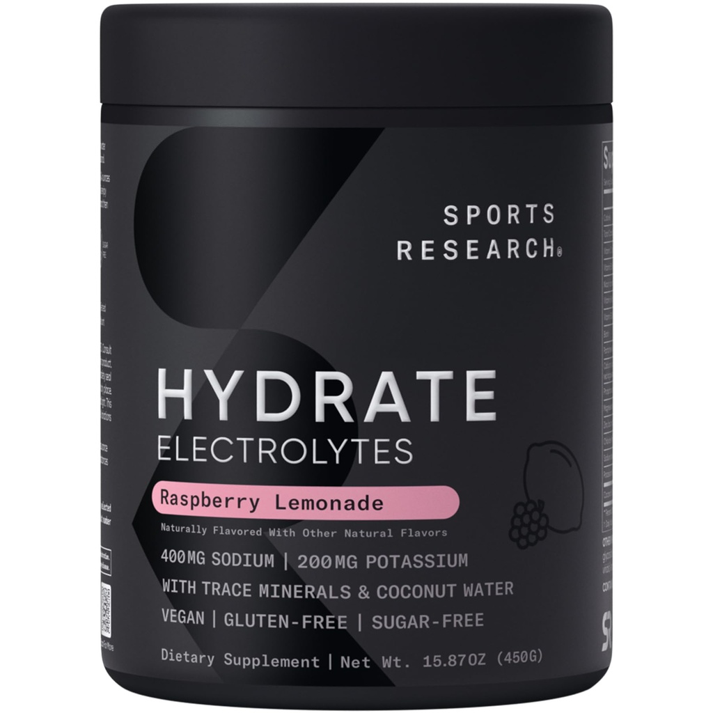 Sport Research® Hydrate Elektrolyte Pulver - Sugar-Free & Naturally Flavored with Vitamins, Minerals, and Coconut Water - Unterstützt Hydration - Raspberry Lemonade - 90 Servietten