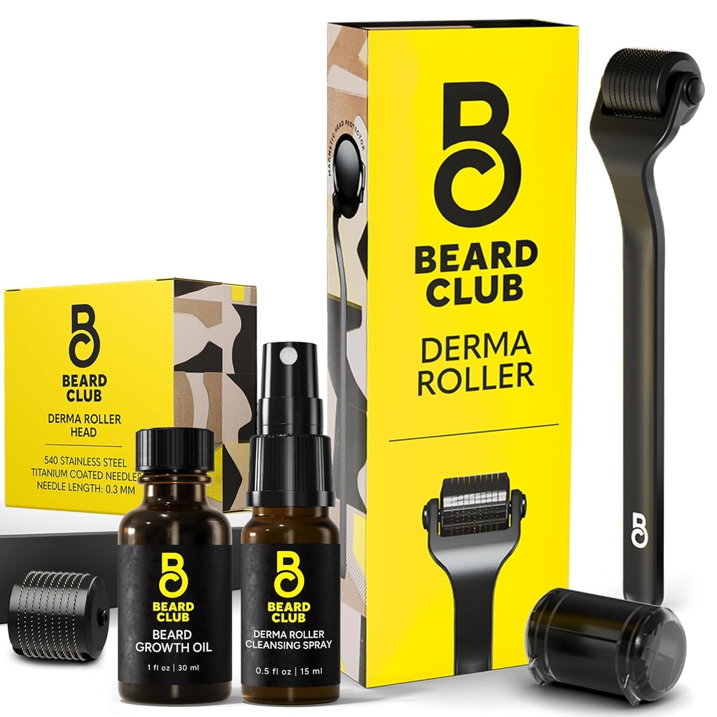 The Beard Club Derma Roller, Bart Growth Oil, Clensing Spray & Ersatz Kopf - Microneedling Roller mit 540 Titan Microneedles für Gesicht, Körper und Kopfhaut - Bart Roller mit Sandalwood Bartöl