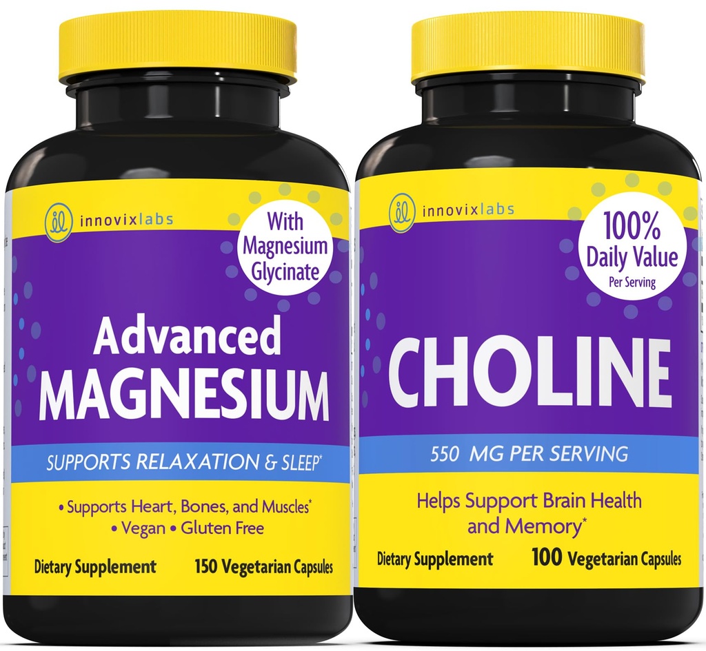 InnovixLabs Choline & Magnesio Bundle Choline Bitartrate 550 mg (100 capsule) Magnesio avanzato (150 capsule). Supporta la memoria, l'umore, la salute del cervello & Boost cognitivo.*
