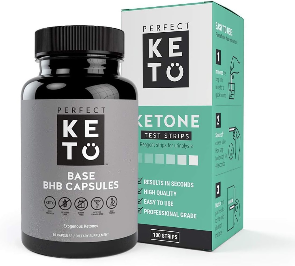 Perfect Kéto Exogène Cétones Base BHB Supplément (60 Capsules) - Ketogene Diet Support Weight Management, Energy & Focus - Beta-Hydroxybutyrate de kétose avec (100 pcs) Ensemble de bandes de kéto