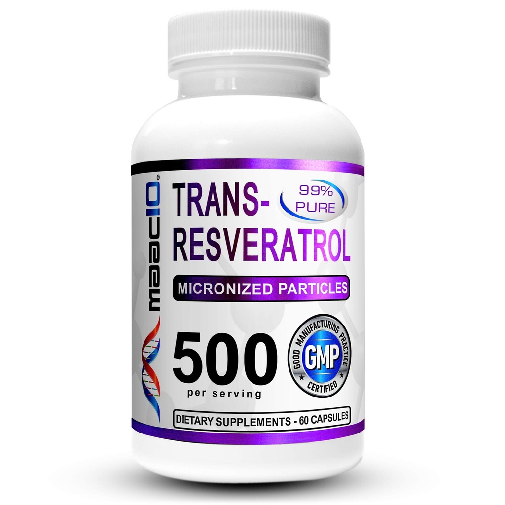 MAAC10 Trans Resveratrol 500mg Supplement (Micronized Pharmaceutical Grade 99% Pure Trans-Resveratrol Extract + BioPerine for Superior Absorption) (2X 250mg Kapseln 60ct)