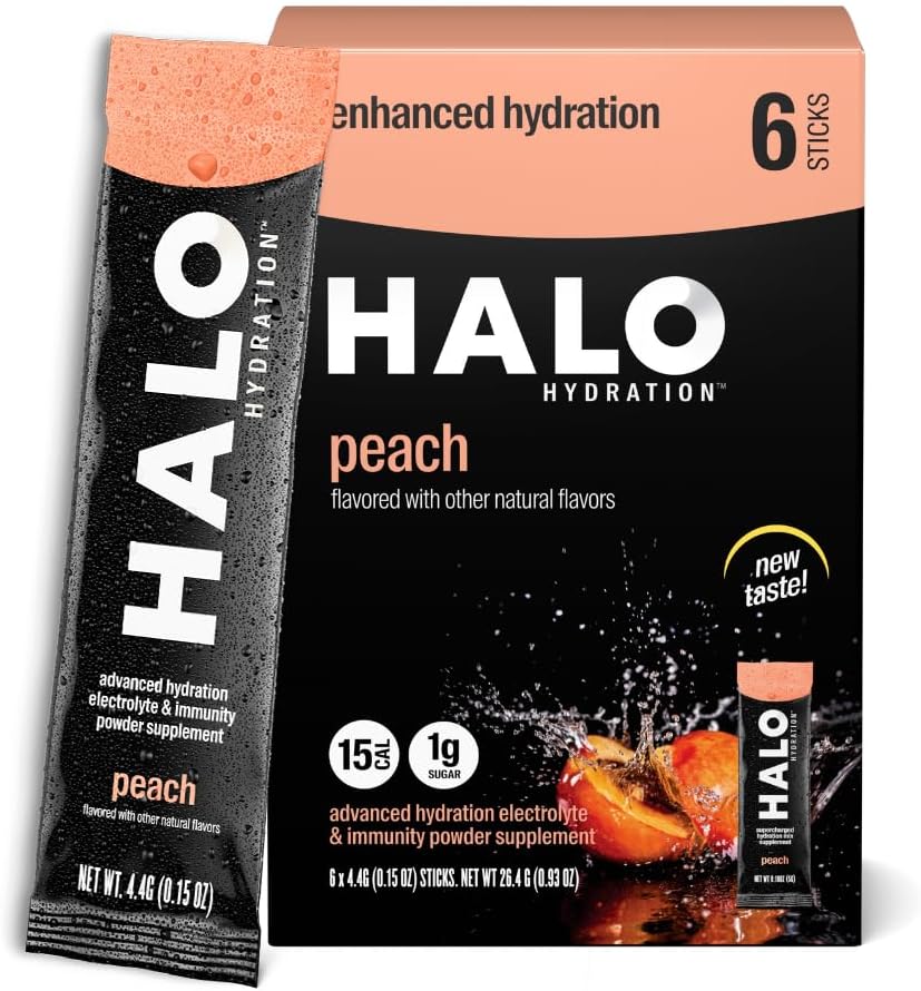 Imballaggio della polvere di idratazione di Halo – Peach - 6 Serve (5g ciascuno) - Bevanda di idratazione organica con basso zucchero + vitamine essenziali + minerali - Vegan