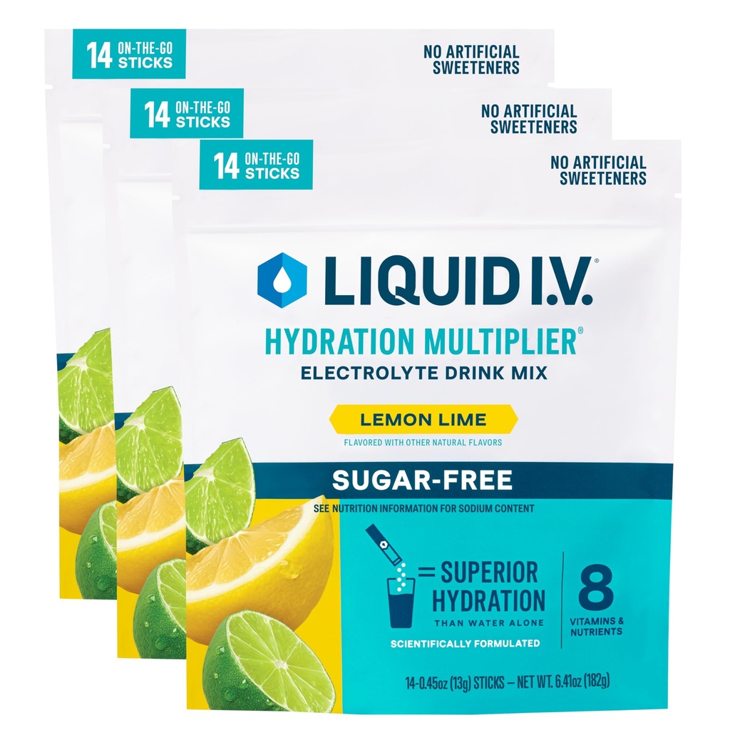 Liquid I.V.® Hydration Multiplier® Sugar-Free - Lemon Lime - Hydration Pulver-Packets | Elektrolyt-Pulver-Getränk-Mix | Günstig Single-Serving Sticks | Non-GMO | 14 Servierungen (Pack von 3)